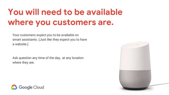Your customers expect you to be available on
smart assistants. (Just like they expect you to have
a website.)
Ask question any time of the day, at any location
where they are.
You will need to be available
where you customers are.
