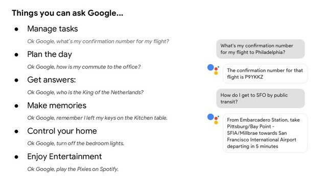● Manage tasks
Ok Google, what’s my confirmation number for my flight?
● Plan the day
Ok Google, how is my commute to the office?
● Get answers:
Ok Google, who is the King of the Netherlands?
● Make memories
Ok Google, remember I left my keys on the Kitchen table.
● Control your home
Ok Google, turn off the bedroom lights.
● Enjoy Entertainment
Ok Google, play the Pixies on Spotify.
Things you can ask Google...
