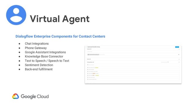 Virtual Agent
Dialogflow Enterprise Components for Contact Centers
● Chat Integrations
● Phone Gateway
● Google Assistant Integrations
● Knowledge Base Connector
● Text to Speech / Speech to Text
● Sentiment Detection
● Back-end fulfillment
