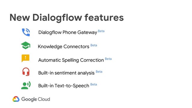 New Dialogflow features
Dialogflow Phone Gateway Beta
Knowledge Connectors Beta
Built-in sentiment analysis Beta
Built-in Text-to-Speech Beta
Automatic Spelling Correction Beta
