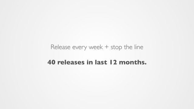 Release every week + stop the line
40 releases in last 12 months.
