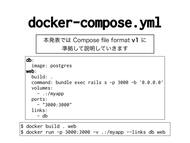 docker-compose.yml
ຊൃදͰ͸$PNQPTFpMFGPSNBUWʹ 
४ڌͯ͠આ໌͍͖ͯ͠·͢
db:
image: postgres
web:
build: .
command: bundle exec rails s -p 3000 -b '0.0.0.0'
volumes:
- .:/myapp
ports:
- "3000:3000"
links:
- db
$ docker build . web
$ docker run -p 3000:3000 -v .:/myapp --links db web
