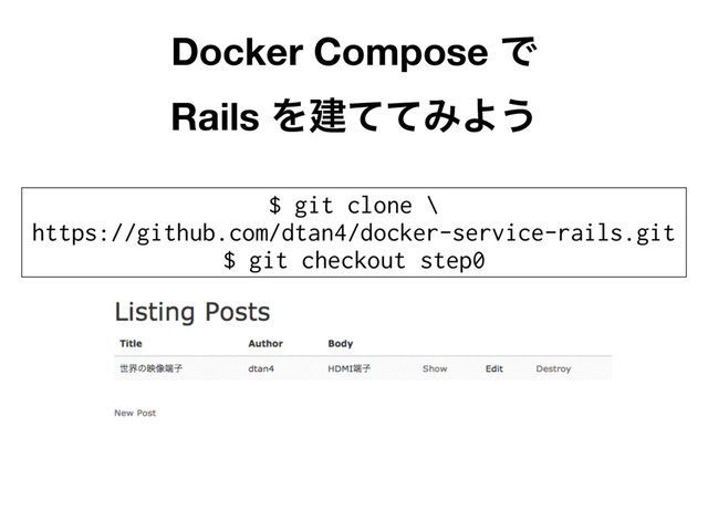 $ git clone \
https://github.com/dtan4/docker-service-rails.git
$ git checkout step0
Docker Compose Ͱ 
Rails ΛݐͯͯΈΑ͏
