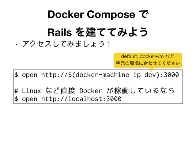 w ΞΫηεͯ͠Έ·͠ΐ͏ʂ
Docker Compose Ͱ 
Rails ΛݐͯͯΈΑ͏
$ open http://$(docker-machine ip dev):3000
# Linux など直接 Docker が稼働しているなら
$ open http://localhost:3000
EFGBVMUEPDLFSWNͳͲ
खݩͷ؀ڥʹ߹Θ͍ͤͯͩ͘͞
