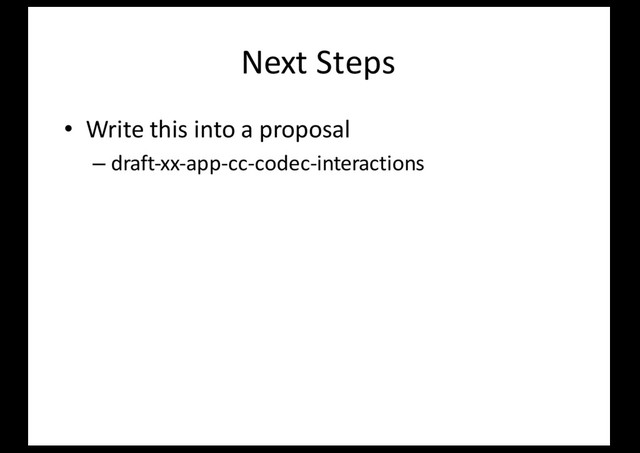 Next Steps
• Write this into a proposal
– draft-xx-app-cc-codec-interactions

