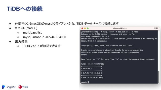 TiDBへの接続
● 外部マシン(macOS)のmysqlクライアントから、TiDB データベースに接続します
● コマンド(macOS)
○ multipass list
○ mysql -uroot -h  -P 4000
● 出力結果
○ TiDB-v7.1.2 が確認できます

