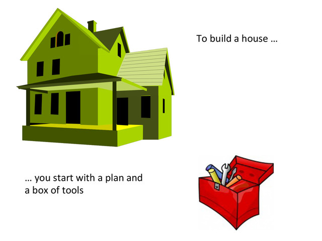 To	  build	  a	  house	  …	  
…	  you	  start	  with	  a	  plan	  and	  
a	  box	  of	  tools	  
