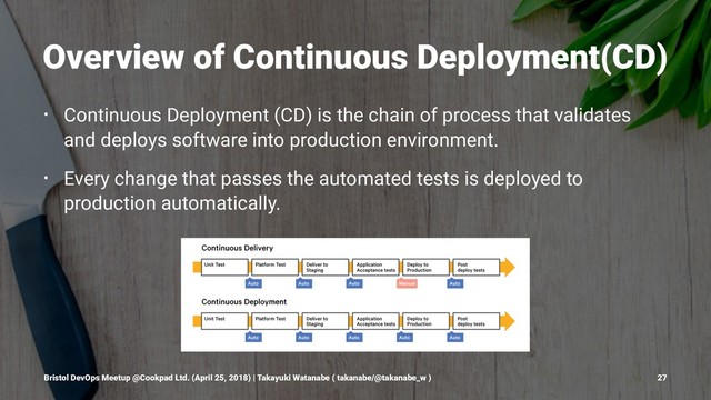 Overview of Continuous Deployment(CD)
• Continuous Deployment (CD) is the chain of process that validates
and deploys software into production environment.
• Every change that passes the automated tests is deployed to
production automatically.
Bristol DevOps Meetup @Cookpad Ltd. (April 25, 2018) | Takayuki Watanabe ( takanabe/@takanabe_w ) 27
