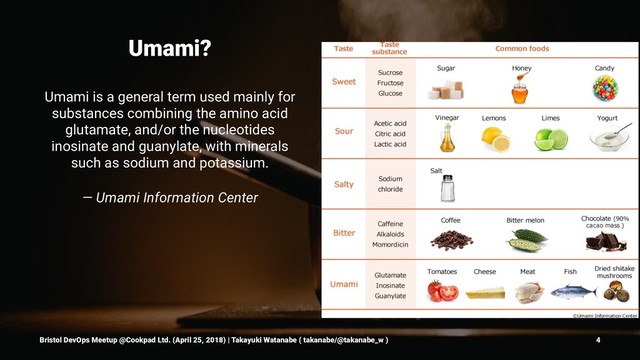 Umami?
Umami is a general term used mainly for
substances combining the amino acid
glutamate, and/or the nucleotides
inosinate and guanylate, with minerals
such as sodium and potassium.
— Umami Information Center
Bristol DevOps Meetup @Cookpad Ltd. (April 25, 2018) | Takayuki Watanabe ( takanabe/@takanabe_w ) 4

