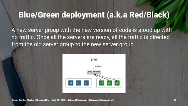 Blue/Green deployment (a.k.a Red/Black)
A new server group with the new version of code is stood up with
no trafﬁc. Once all the servers are ready, all the trafﬁc is directed
from the old server group to the new server group.
Bristol DevOps Meetup @Cookpad Ltd. (April 25, 2018) | Takayuki Watanabe ( takanabe/@takanabe_w ) 35
