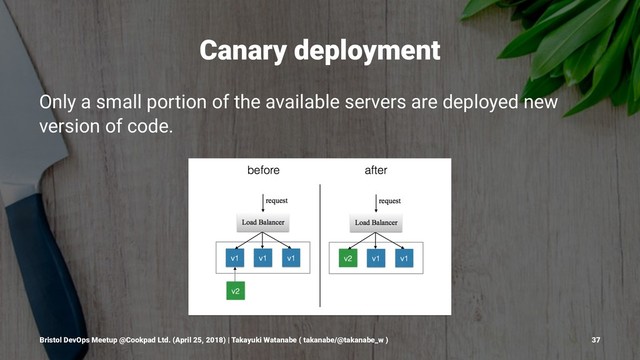 Canary deployment
Only a small portion of the available servers are deployed new
version of code.
Bristol DevOps Meetup @Cookpad Ltd. (April 25, 2018) | Takayuki Watanabe ( takanabe/@takanabe_w ) 37

