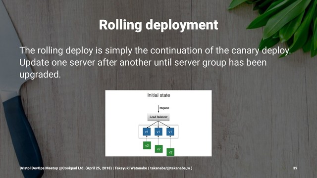 Rolling deployment
The rolling deploy is simply the continuation of the canary deploy.
Update one server after another until server group has been
upgraded.
Bristol DevOps Meetup @Cookpad Ltd. (April 25, 2018) | Takayuki Watanabe ( takanabe/@takanabe_w ) 39
