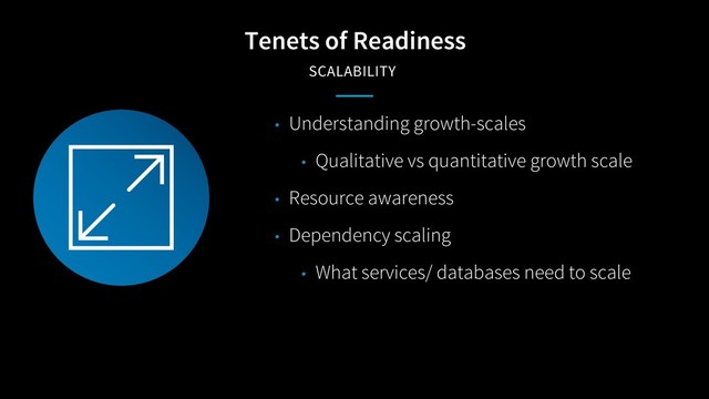 Tenets of Readiness
SCALABILITY
• Understanding growth-scales
• Qualitative vs quantitative growth scale
• Resource awareness
• Dependency scaling
• What services/ databases need to scale
