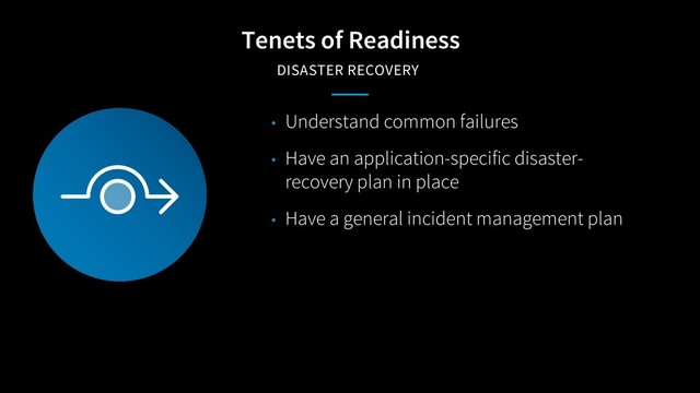 Tenets of Readiness
DISASTER RECOVERY
• Understand common failures
• Have an application-specific disaster-
recovery plan in place
• Have a general incident management plan
