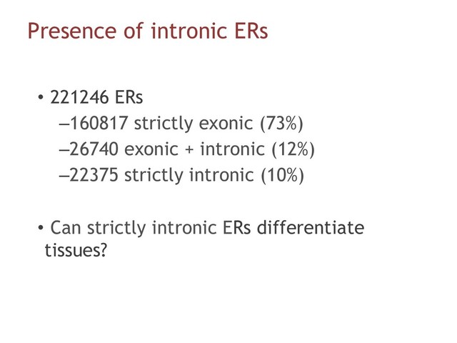 •  221246 ERs
– 160817 strictly exonic (73%)
– 26740 exonic + intronic (12%)
– 22375 strictly intronic (10%)
•  Can strictly intronic ERs differentiate
tissues?
Presence of intronic ERs
