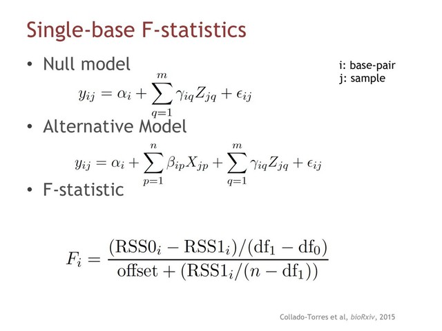 Single-base F-statistics
•  Null model
•  Alternative Model
•  F-statistic
i: base-pair
j: sample
Collado-Torres et al, bioRxiv, 2015
