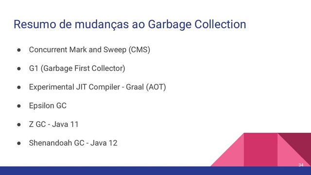 Resumo de mudanças ao Garbage Collection
● Concurrent Mark and Sweep (CMS)
● G1 (Garbage First Collector)
● Experimental JIT Compiler - Graal (AOT)
● Epsilon GC
● Z GC - Java 11
● Shenandoah GC - Java 12
34
