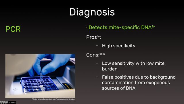 Diagnosis
PCR ∙ Detects mite-specific DNA16
Pros16:
– High specificity
Cons:11,17
– Low sensitivity with low mite
burden
– False positives due to background
contamination from exogenous
sources of DNA
Photo: ipsumdiagnostics.com/homepage/pcr-testing
