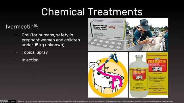 Ivermectin10:
– Oral (for humans, safety in
pregnant women and children
under 15 kg unknown)
– Topical Spray
– Injection
Chemical Treatments
Photos: tajgenerics.com/portfolio-item/ivermectin-6mg-dispersible-tablets-taj-pharma, ncvets.co.nz/livestock/sheep/sheep-technician-services, agridirect.ie/product/clik-pouron, walmart.com
