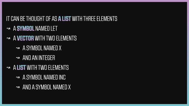 IT CAN BE THOUGHT OF AS A LIST WITH THREE ELEMENTS


↝ A SYMBOL NAMED LET


↝ A VECTOR WITH TWO ELEMENTS


↝ A SYMBOL NAMED X


↝ AND AN INTEGER


↝ A LIST WITH TWO ELEMENTS


↝ A SYMBOL NAMED INC


↝ AND A SYMBOL NAMED X
