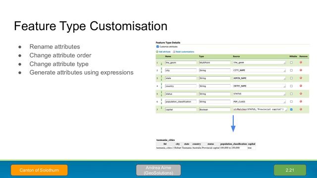 Feature Type Customisation
● Rename attributes
● Change attribute order
● Change attribute type
● Generate attributes using expressions
2.21
Andrea Aime
(GeoSolutions)
Canton of Solothurn
