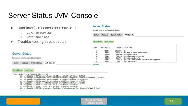 Server Status JVM Console
● User interface access and download
○ Java memory use
○ Java thread use
● Troubleshooting docs updated
2.21.1
Nuno Oliveira
GeoSolutioons
