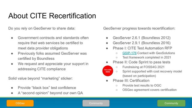 GeoServer progress towards recertification:
● GeoServer 2.6.1 (Boundless 2012)
● GeoServer 2.9.1 (Boundless 2016)
● Phase I: CITE Test Automation RFP
○ GSIP-176 Contact with GeoSolutions
○ Test framework completed in 2021
● Phase II: Code Sprint to pass tests
○ Fundraising at FOSS4G 2021
○ Sprint supported with cost recovery model
(based on participation)
● Phase III: Certification
○ Provide test results to OGC
○ OSGeo agreement covers certification
Do you rely on GeoServer to share data:
● Government contracts and standards often
require that web services be certified to
meet data provider obligations
● Previously folks assumed GeoServer was
certified by Boundless
● We request and appreciate your support in
addressing CITE compliance
Solid value beyond “marketing” sticker:
● Provide “black box” test confidence
● A “second opinion” beyond our own QA
About CITE Recertification
Community
OSGeo Community
YOU ARE
HERE
