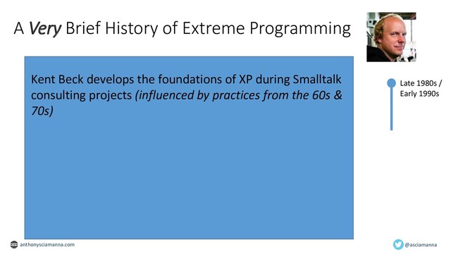 Discovered at Hunter Industries in 2011 by a team
coached by Woody Zuill
Late 1980s /
Early 1990s
A Very Brief History of Extreme Programming
Discovered at Hunter Industries in 2011 by a team
coached by Woody Zuill
Kent Beck develops the foundations of XP during Smalltalk
consulting projects (influenced by practices from the 60s &
70s)
@asciamanna
anthonysciamanna.com
