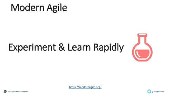 Experiment & Learn Rapidly
https://modernagile.org/
Modern Agile
@asciamanna
anthonysciamanna.com
