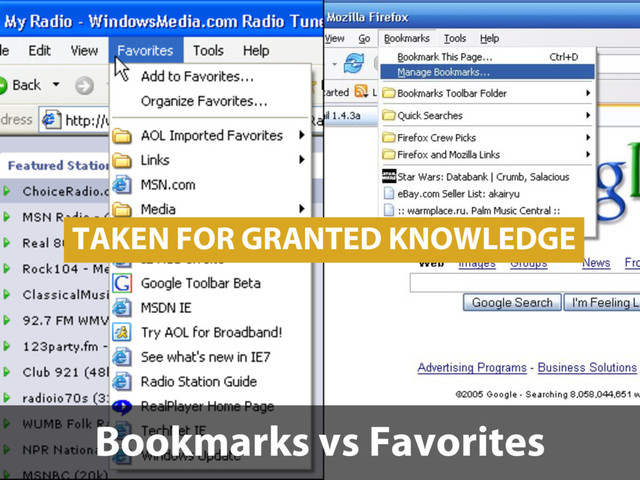 Social Bookmarking
Bookmarks vs Favorites
TAKEN FOR GRANTED KNOWLEDGE
