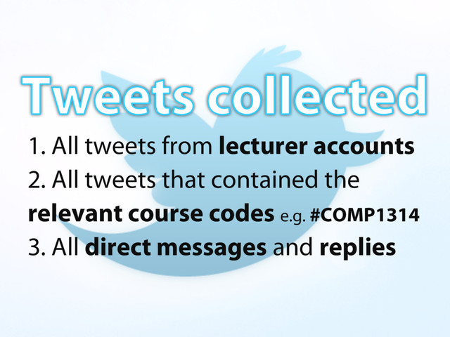 1. All tweets from lecturer accounts
2. All tweets that contained the
relevant course codes e.g. #COMP1314
3. All direct messages and replies
