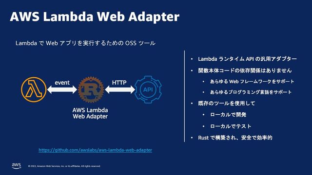© 2022, Amazon Web Services, Inc. or its affiliates. All rights reserved.
AWS Lambda Web Adapter
https://github.com/awslabs/aws-lambda-web-adapter
Lambda で Web アプリを実行するための OSS ツール
