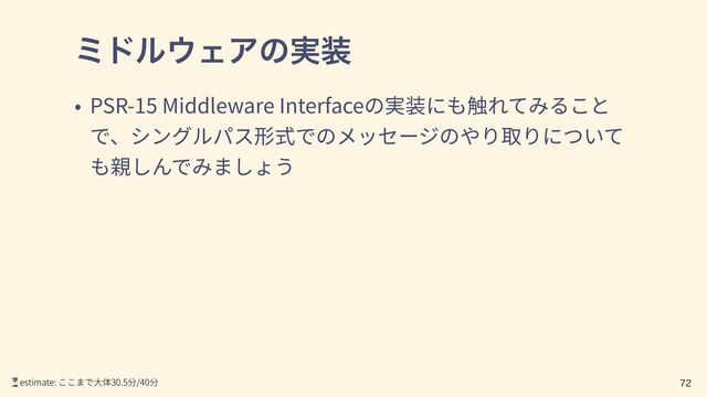 ϛυϧ΢ΣΞͷ࣮૷
PSR-15 Middleware Interface

⏳estimate: 30.5 /40
