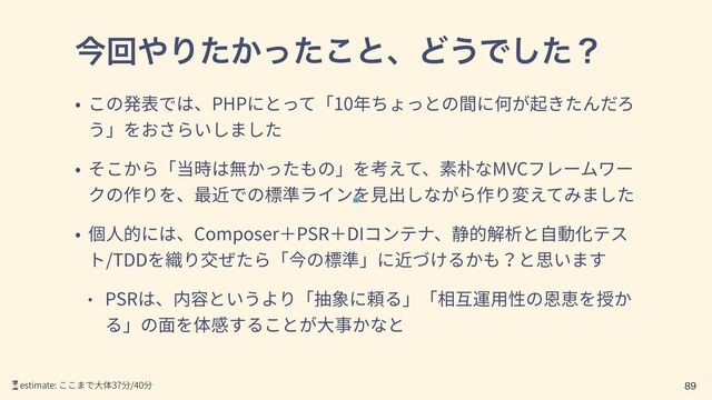 ࠓճ΍Γ͔ͨͬͨ͜ͱɺͲ͏Ͱͨ͠ʁ
PHP 10
MVC
Composer PSR DI
/TDD
PSR

⏳estimate: 37 /40
