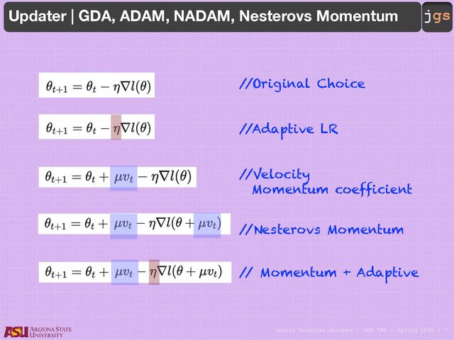 Javier Gonzalez-Sanchez | SER 594 | Spring 2022 | 7
jgs
Updater | GDA, ADAM, NADAM, Nesterovs Momentum
/
/Original Choice
/
/Adaptive LR
/
/Velocity
Momentum coefficient
/
/Nesterovs Momentum
/
/ Momentum + Adaptive
