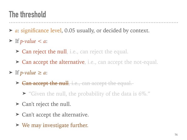 The threshold
➤ α: signiﬁcance level, 0.05 usually, or decided by context.
➤ If p-value < α:
➤ Can reject the null, i.e., can reject the equal.
➤ Can accept the alternative, i.e., can accept the not-equal.
➤ If p-value ≥ α:
➤ Can accept the null, i.e., can accept the equal.
➤ “Given the null, the probability of the data is 6%.”
➤ Can't reject the null.
➤ Can't accept the alternative.
➤ We may investigate further.
14
