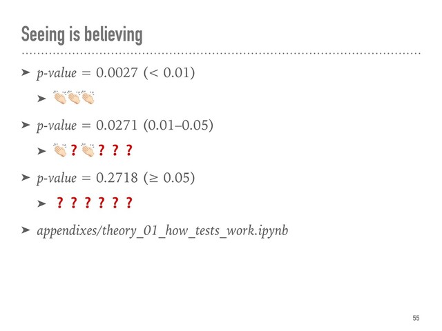 Seeing is believing
➤ p-value = 0.0027 (< 0.01)
➤ ###
➤ p-value = 0.0271 (0.01–0.05)
➤ #❓#❓❓❓
➤ p-value = 0.2718 (≥ 0.05)
➤ ❓❓❓❓❓❓
➤ appendixes/theory_01_how_tests_work.ipynb
55
