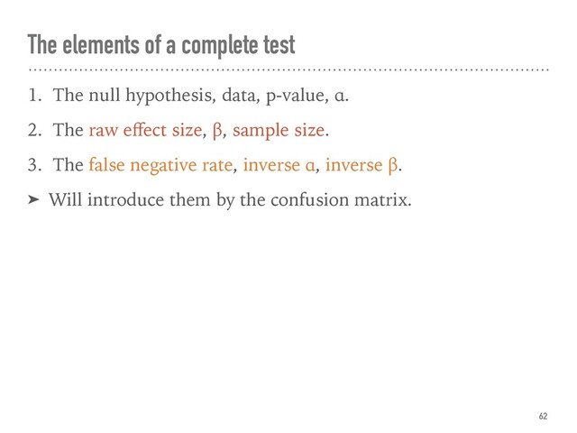 The elements of a complete test
1. The null hypothesis, data, p-value, α.
2. The raw eﬀect size, β, sample size.
3. The false negative rate, inverse α, inverse β.
➤ Will introduce them by the confusion matrix.
62
