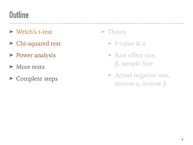 Outline
➤ Welch's t-test
➤ Chi-squared test
➤ Power analysis
➤ More tests
➤ Complete steps
➤ Theory
➤ P-value & α
➤ Raw eﬀect size,  
β, sample Size
➤ Actual negative rate,
inverse α, inverse β
8
