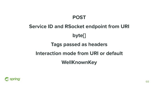 POST
Service ID and RSocket endpoint from URI
byte[]
Tags passed as headers
Interaction mode from URI or default
WellKnownKey
68
