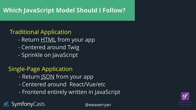 Which JavaScript Model Should I Follow?
Traditional Application
Single-Page Application
- Return HTML from your app


- Centered around Twig


- Sprinkle on JavaScript
- Return JSON from your app


- Centered around React/Vue/etc


- Frontend entirely written in JavaScript
@weaverryan
