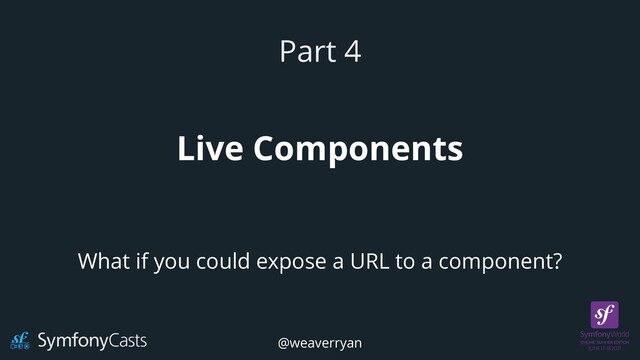 Live Components
Part 4
What if you could expose a URL to a component?
@weaverryan
