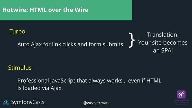 Hotwire: HTML over the Wire
Turbo
Stimulus
Auto Ajax for link clicks and form submits
Professional JavaScript that always works… even if HTML


Is loaded via Ajax.
} Translation:


Your site becomes


an SPA!
@weaverryan
