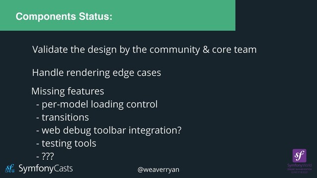 Components Status:
Handle rendering edge cases
Validate the design by the community & core team
Missing features


- per-model loading control


- transitions


- web debug toolbar integration?


- testing tools


- ???
@weaverryan
