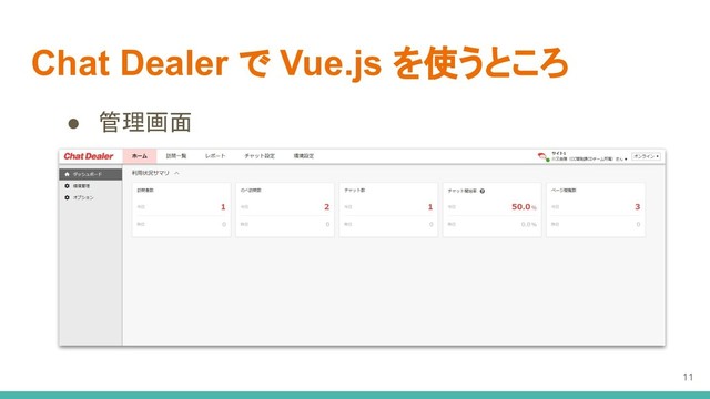 Chat Dealer で Vue.js を使うところ
● 管理画面
11
