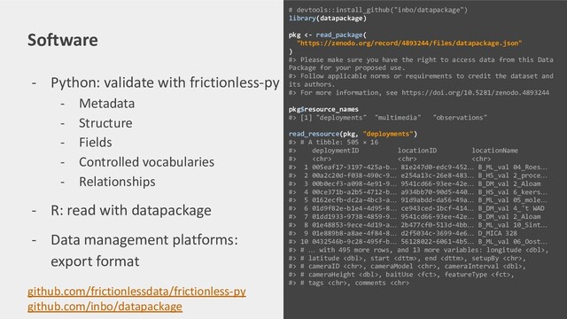 - Python: validate with frictionless-py
- Metadata
- Structure
- Fields
- Controlled vocabularies
- Relationships
- R: read with datapackage
- Data management platforms:
export format
# devtools::install_github("inbo/datapackage")
library(datapackage)
pkg <- read_package(
"https://zenodo.org/record/4893244/files/datapackage.json"
)
#> Please make sure you have the right to access data from this Data
Package for your proposed use.
#> Follow applicable norms or requirements to credit the dataset and
its authors.
#> For more information, see https://doi.org/10.5281/zenodo.4893244
pkg$resource_names
#> [1] "deployments" "multimedia" "observations"
read_resource(pkg, "deployments")
#> # A tibble: 505 × 16
#> deploymentID locationID locationName
#>   
#> 1 005eaf17-3197-425a-b… 81e247d0-edc9-452… B_ML_val 04_Roes…
#> 2 00a2c20d-f038-490c-9… e254a13c-26e8-483… B_HS_val 2_proce…
#> 3 00b0ecf3-a098-4e91-9… 9541cd66-93ee-42e… B_DM_val 2_Aloam
#> 4 00ce371b-a2b5-4712-b… a934bb70-90d5-440… B_HS_val 6_keers…
#> 5 0162ecfb-dc2a-4bc3-a… 91d9abdd-da56-49a… B_ML_val 05_mole…
#> 6 01d9f82e-b1e4-4d95-8… ce943ced-1bcf-414… B_DM_val 4_'t WAD
#> 7 01dd1933-9738-4859-9… 9541cd66-93ee-42e… B_DM_val 2_Aloam
#> 8 01e48853-9ece-4d19-a… 2b477cf0-513d-4bb… B_ML_val 10_Sint…
#> 9 01e889b8-a8ae-4f84-8… d2f5034c-3699-4e6… D_MICA 328
#> 10 0432546b-9c28-495f-b… 56128022-6061-4b5… B_ML_val 06_Oost…
#> # … with 495 more rows, and 13 more variables: longitude ,
#> # latitude , start , end , setupBy ,
#> # cameraID , cameraModel , cameraInterval ,
#> # cameraHeight , baitUse , featureType ,
#> # tags , comments 
Software
github.com/frictionlessdata/frictionless-py
github.com/inbo/datapackage
