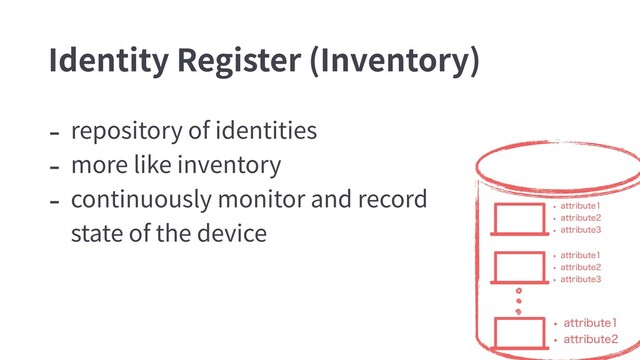 - repository of identities
- more like inventory
- continuously monitor and record
state of the device
Identity Register (Inventory)
w BUUSJCVUF
w BUUSJCVUF
w BUUSJCVUF
w BUUSJCVUF
w BUUSJCVUF
w BUUSJCVUF
w BUUSJCVUF
w BUUSJCVUF
