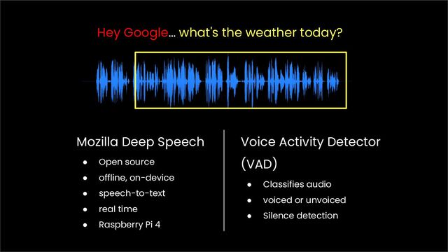 Hey Google… what's the weather today?
Mozilla Deep Speech
● Open source
● offline, on-device
● speech-to-text
● real time
● Raspberry Pi 4
Voice Activity Detector
(VAD)
● Classifies audio
● voiced or unvoiced
● Silence detection
