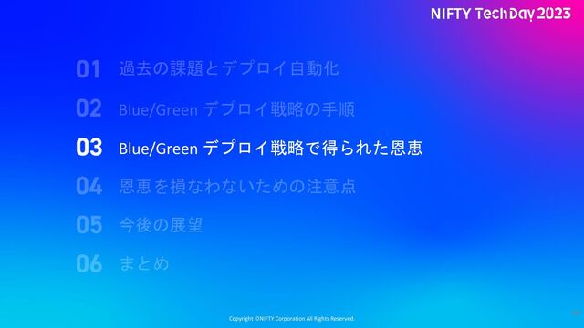 Copyright ©NIFTY Corporation All Rights Reserved.
48
Blue/Green デプロイ戦略で得られた恩恵
