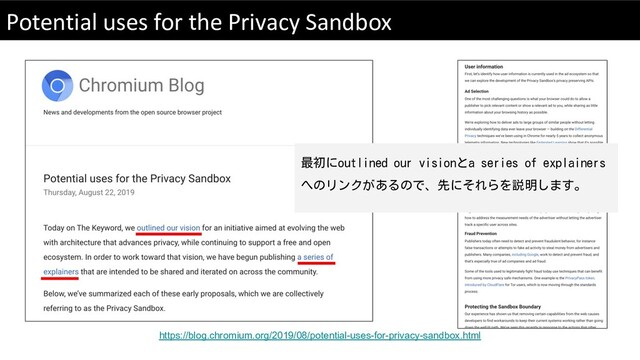 Potential uses for the Privacy Sandbox
https://blog.chromium.org/2019/08/potential-uses-for-privacy-sandbox.html
最初にoutlined our visionとa series of explainers
へのリンクがあるので、先にそれらを説明します。
